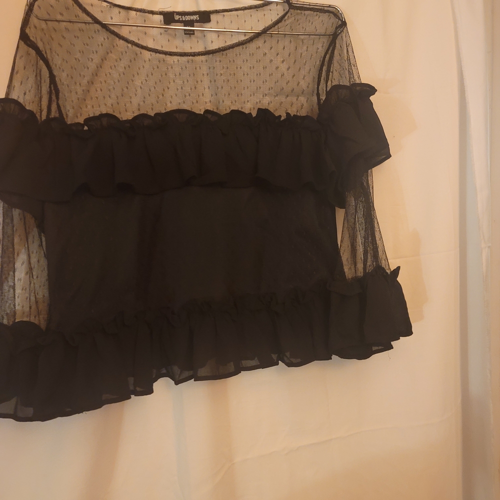 Chic Black Ruffle Sheer Blouse